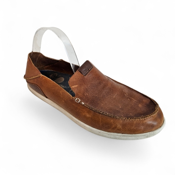 OluKai Kākaha Men’s 11 Leather Slip-On Shoes Fox Brown Full Grain Casual Comfort
